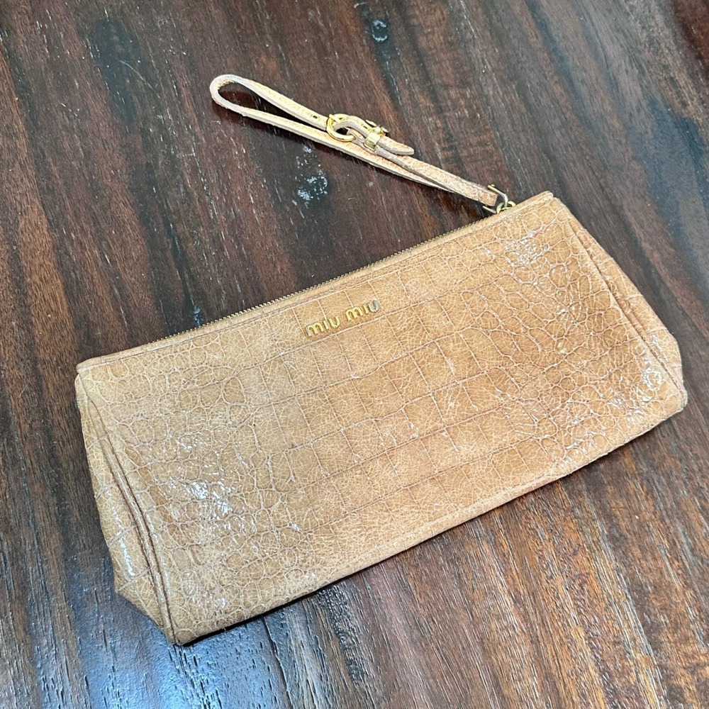 Miu Miu Croc Embossed Leather Wristlet Bag Women OS Tan